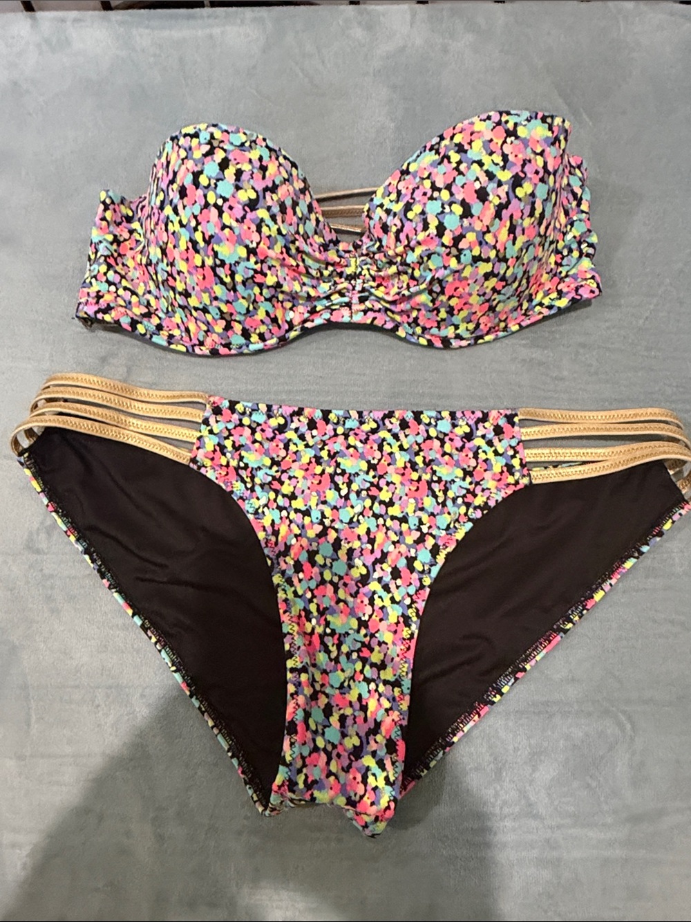 Victoria's Secret Multicolor Floral Print Strapless Bikin Set Gold Strappy Sides